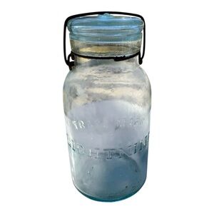 Antique Aqua Putnam “Lightening” Fruit Jar w/Glass Lid & Wire Bail Closure.